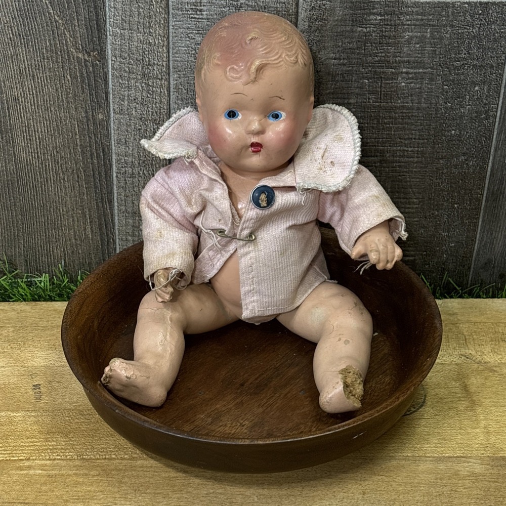 Antique 1930s 10" Composition Baby Doll Distressed Creepy Horror Halloween Decor
